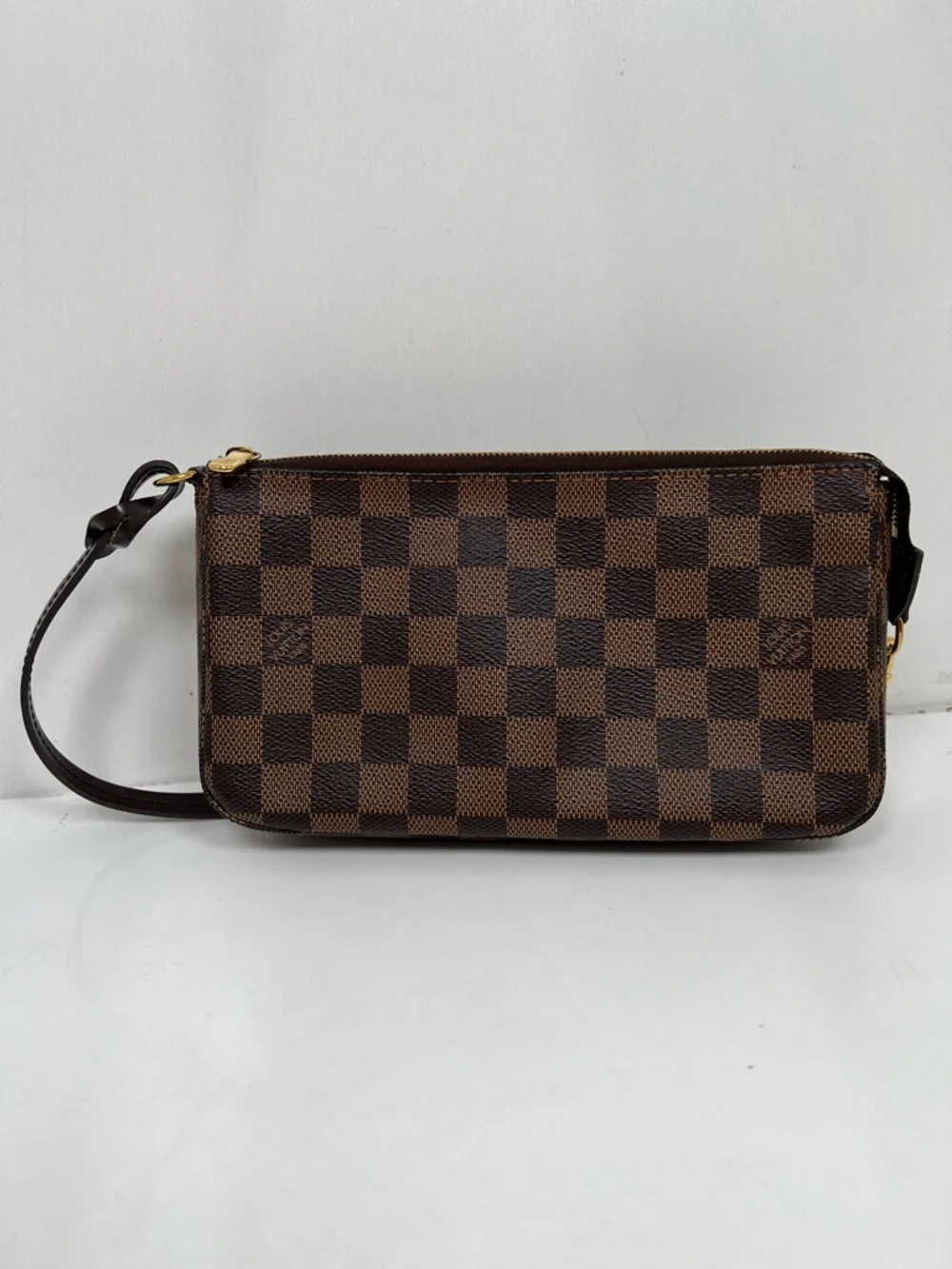 Louis Vuitton Damier Ebene Pochette Shoulder Bag Zip, Strap, Gold HW, Red Lining